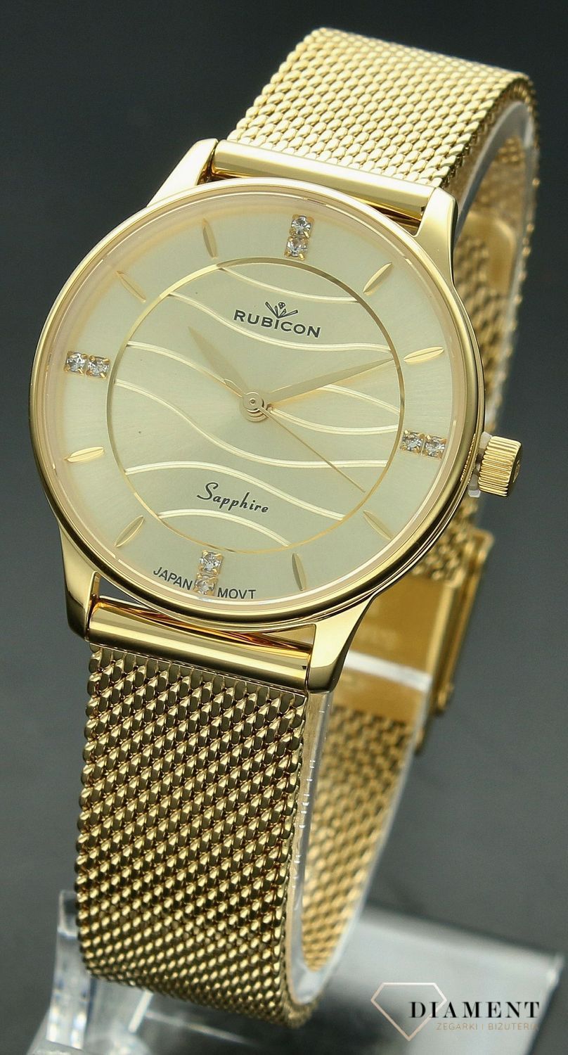 Zegarek damski Rubicon złoty z szafirowym szkłem RNBE35 z falowaną tarczą. Zegarek damski Rubicon. Zegarek damski na bransolecie Rubicon. Zegarek damski z szafirowym szkłem Rubicon. Zegarek damski na prezent..jpg